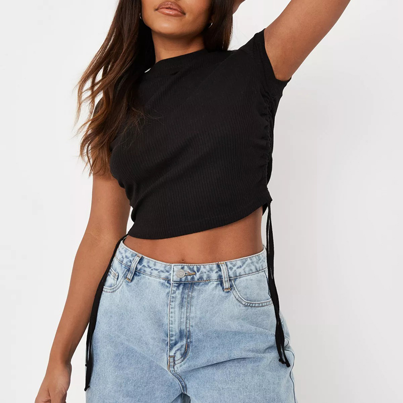 white stripe rib ruched fitted t shirt