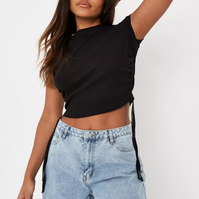 white stripe rib ruched fitted t shirt