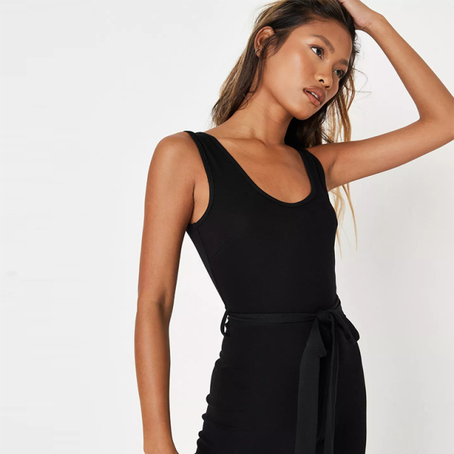 black scoop neck tie waist loungewear jumpsuit