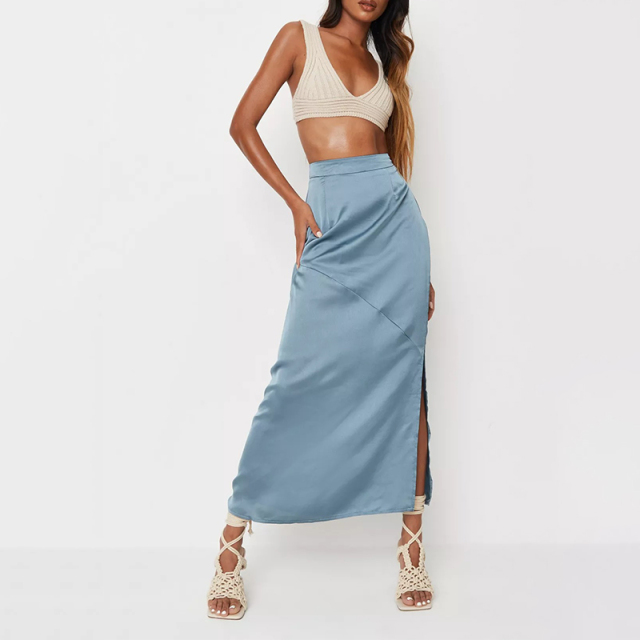 black bias cut satin midi slip skirt