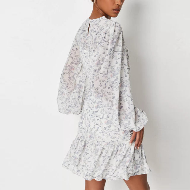 white floral print cut out balloon sleeve dress