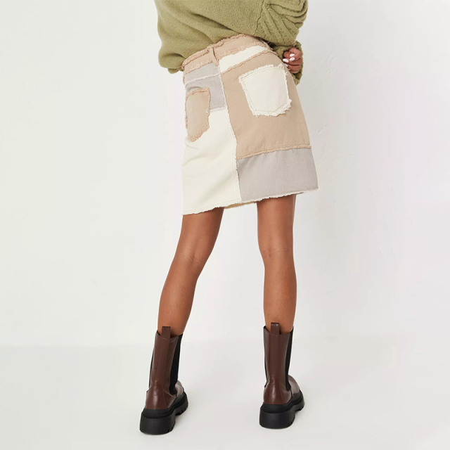 blue patchwork frayed denim mini skirt