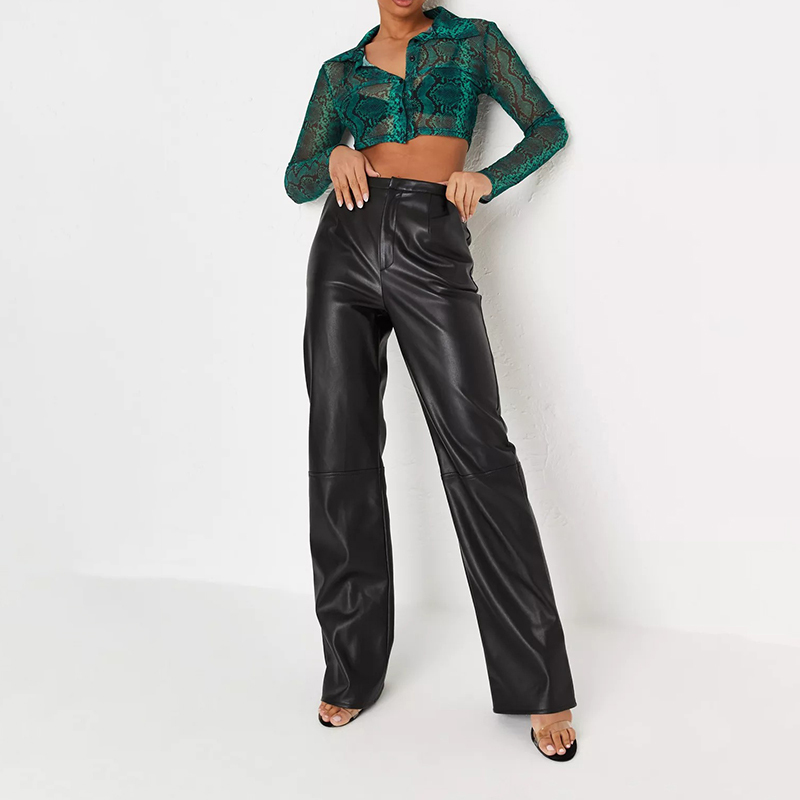green snake print mesh collared cropped shirt