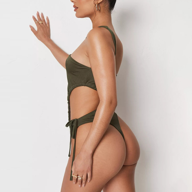 khaki one strap cut out ruched side slinky bodysuit