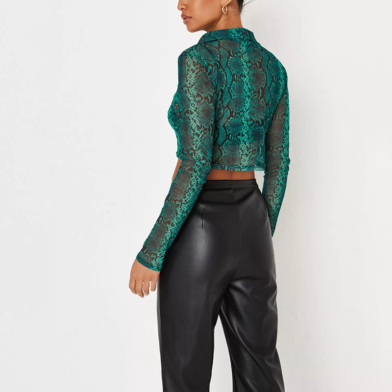 green snake print mesh collared cropped shirt