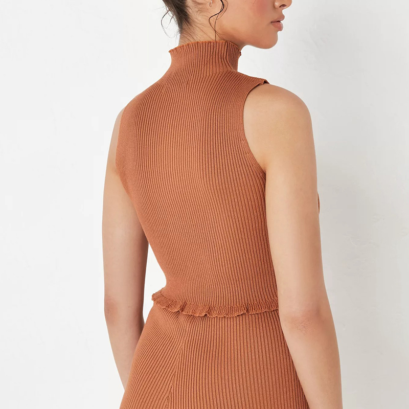 camel co ord high neck rib knit top