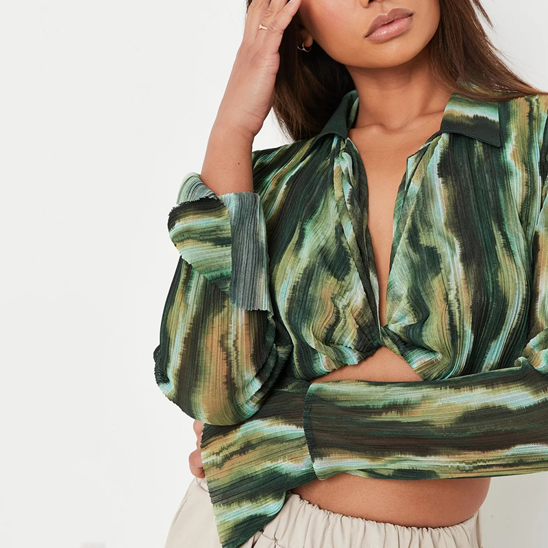 green plisse sheer twist front crop shirt