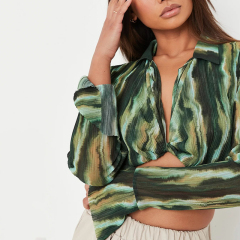 green plisse sheer twist front crop shirt