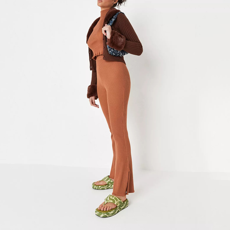 camel co ord high neck rib knit top