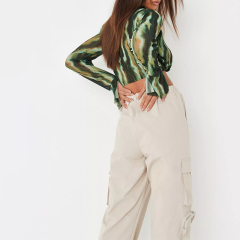 green plisse sheer twist front crop shirt