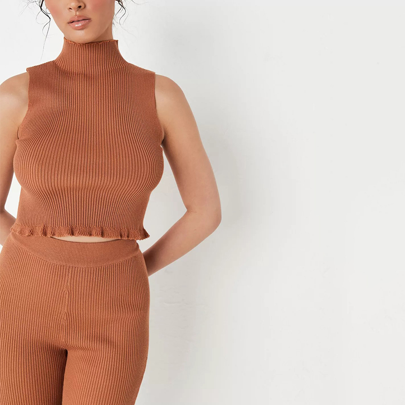 camel co ord high neck rib knit top