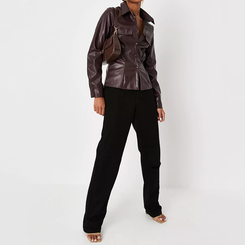 cream faux leather slim fit shirt