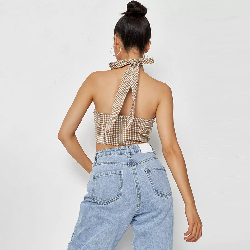 brown gingham cross front halterneck corset crop top
