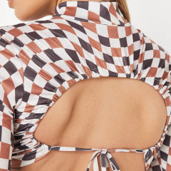 brown co ord checkerboard long sleeve backless crop top