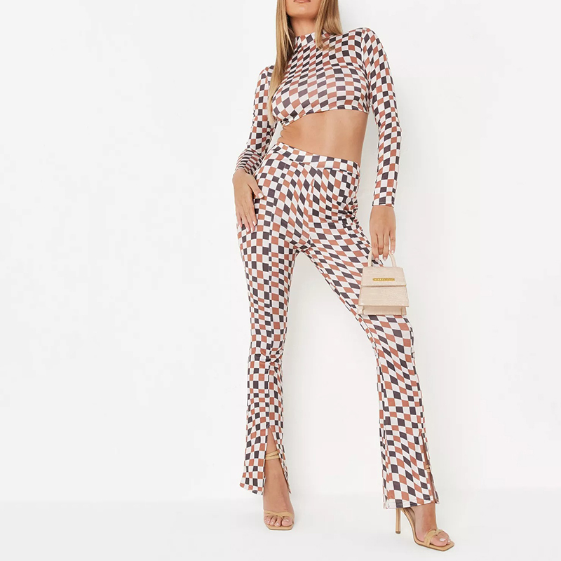 brown co ord checkerboard long sleeve backless crop top