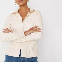 cream faux leather slim fit shirt