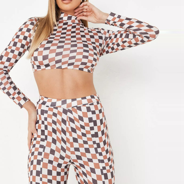 brown co ord checkerboard long sleeve backless crop top