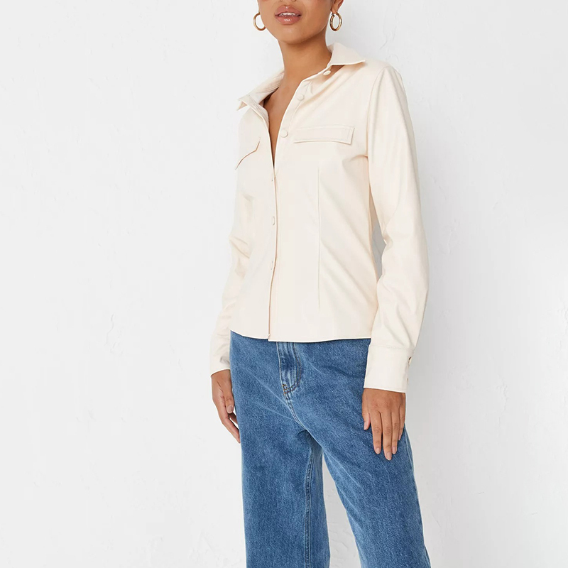 cream faux leather slim fit shirt