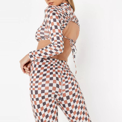 brown co ord checkerboard long sleeve backless crop top