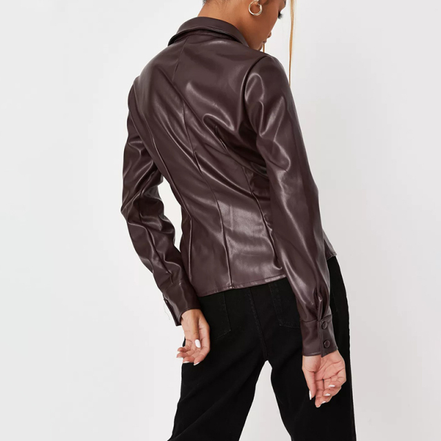 cream faux leather slim fit shirt