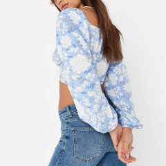 blue floral print tie front milkmaid top