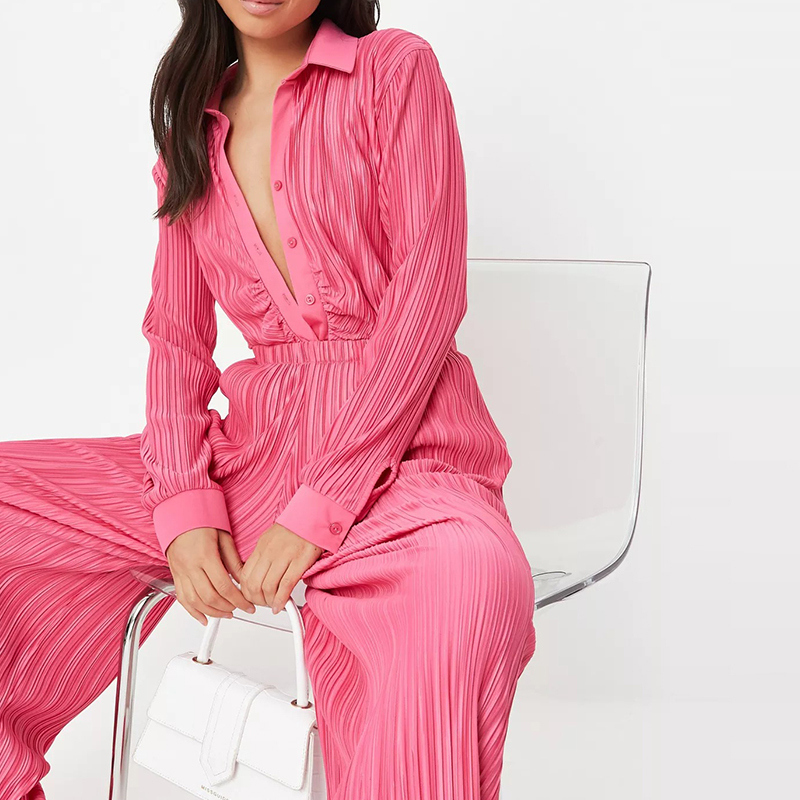 pink co ord plisse ruched front fitted shirt