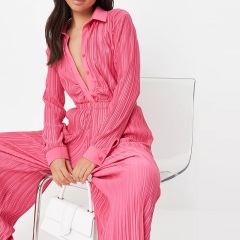 pink co ord plisse ruched front fitted shirt