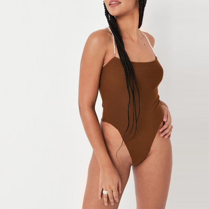 tall chocolate mock pearl strap knit bodysuit