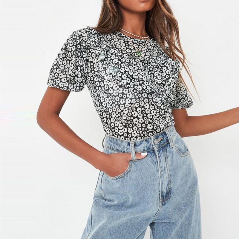 black floral print puff sleeve frill blouse