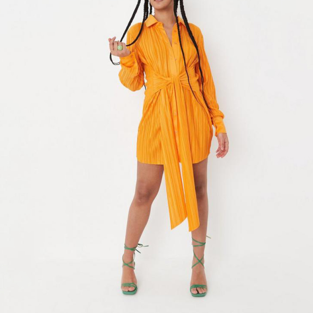 chocolate plisse tie waist flared sleeve shirt dress