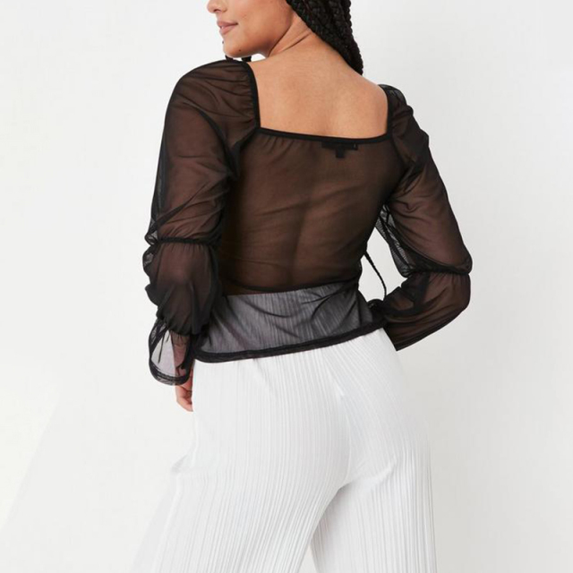 black mesh ruched front milkmaid top