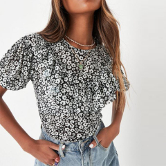 black floral print puff sleeve frill blouse