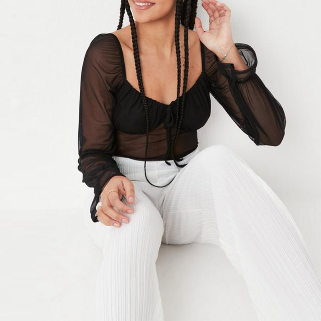 black mesh ruched front milkmaid top