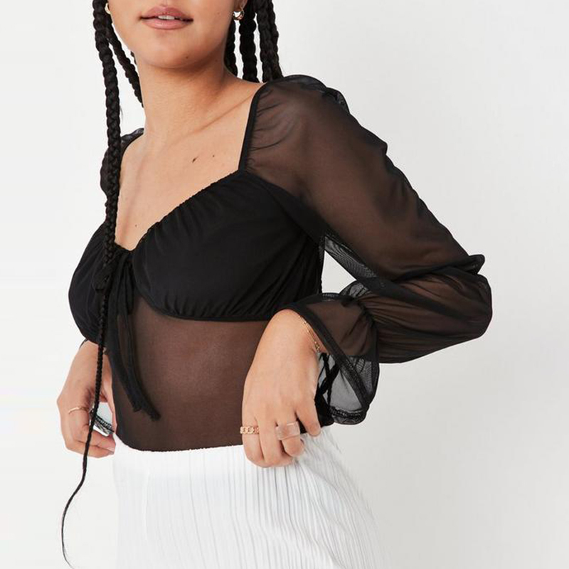 black mesh ruched front milkmaid top