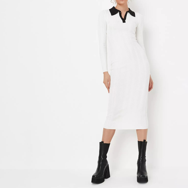 tall white contrast collar rib midaxi dress