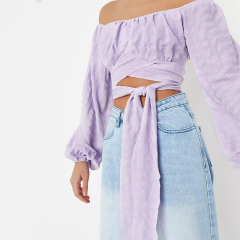 lilac crinkle tie bardot crop top