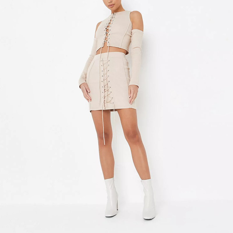 stone co ord rib lace up crop top