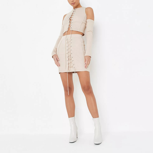 stone co ord rib lace up crop top