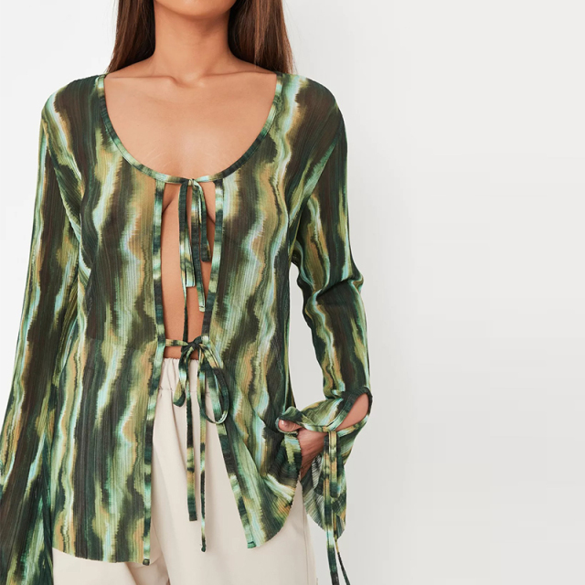 green plisse sheer tie front cardigan