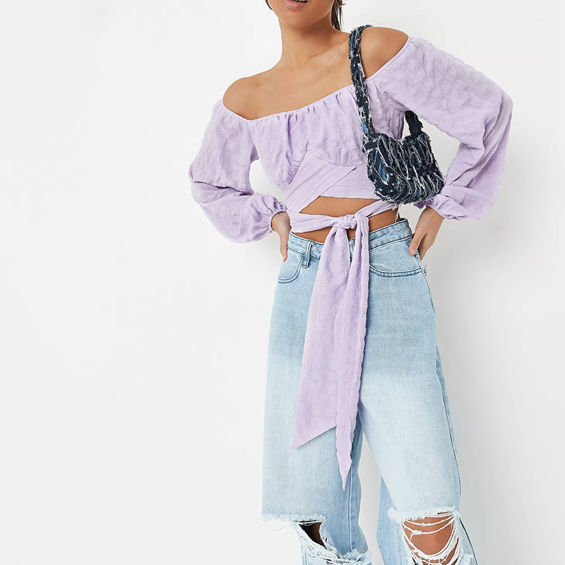 lilac crinkle tie bardot crop top