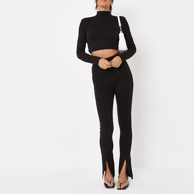 black rib open back crop t shirt and trousers co ord set