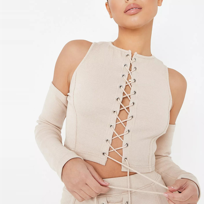 stone co ord rib lace up crop top