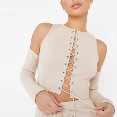 stone co ord rib lace up crop top