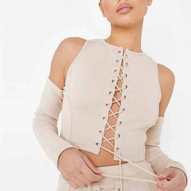 stone co ord rib lace up crop top