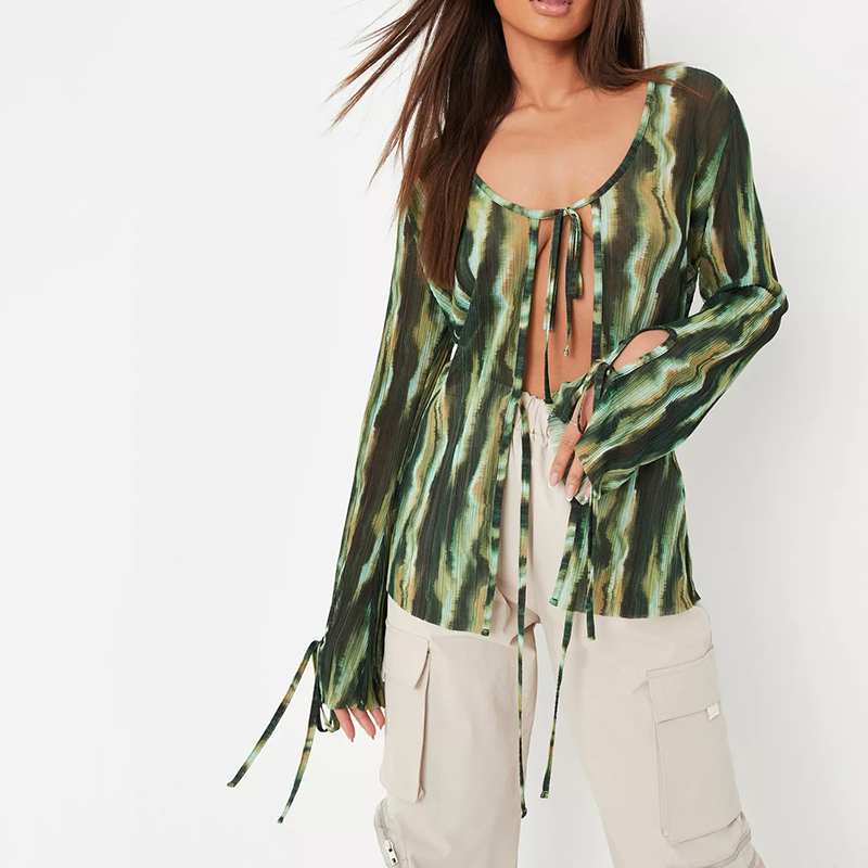 green plisse sheer tie front cardigan
