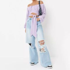 lilac crinkle tie bardot crop top