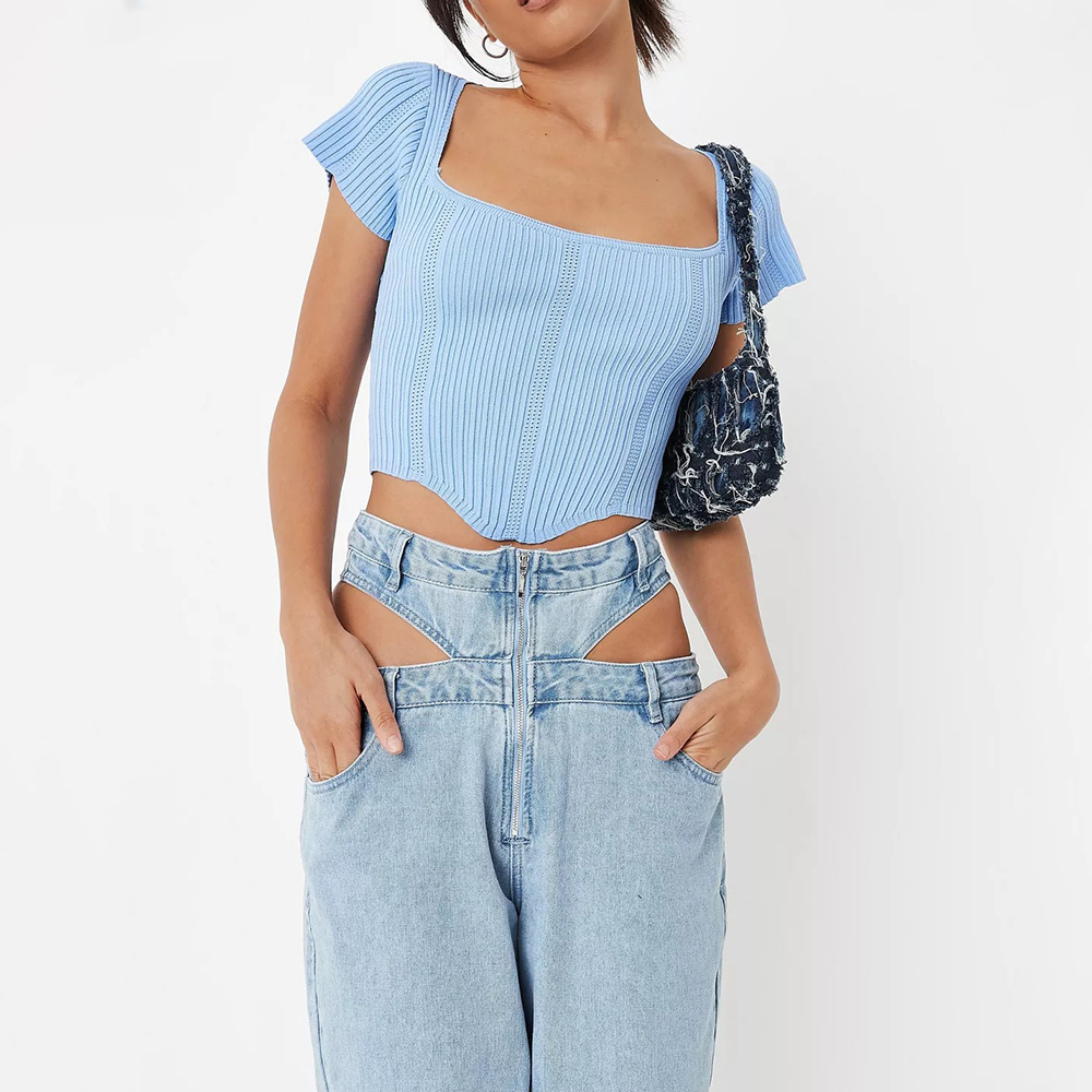 tall blue sweetheart neck rib knit t shirt