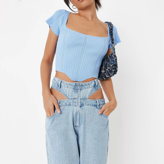 tall blue sweetheart neck rib knit t shirt