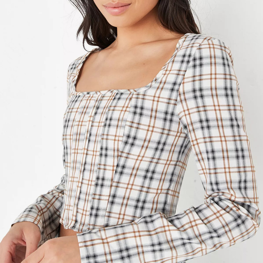 tall cream check long sleeve corset top