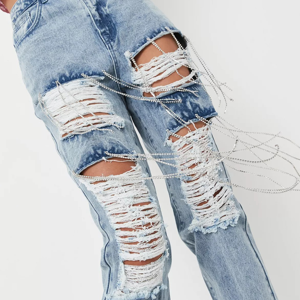 tall blue diamante ripped mom jeans